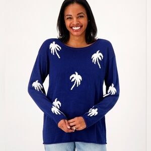 Belle Kim Gravel Palm Sweater XL Nautical Beach Cotton Blend Blue White Coastal